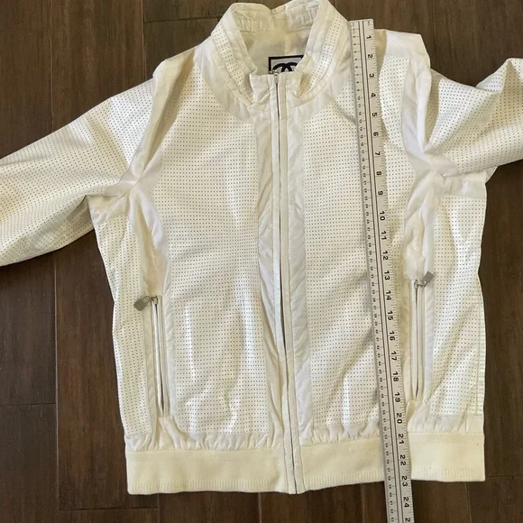 Chanel White Size 8-10 Perforated Leather Bomber Jacket Branded Back Stripe